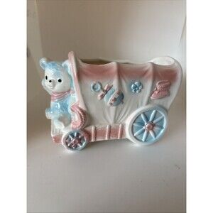 VTG 1950's Ceramic Planter Baby Decor Teddy on Wagon Train Nursery Kitsch Japan